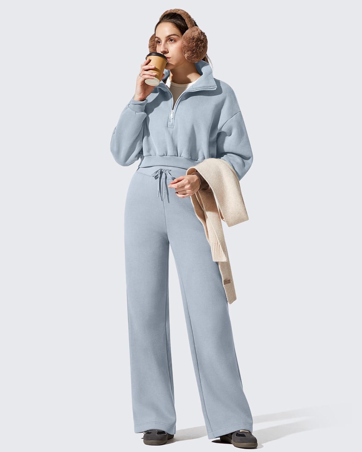 imageG4Free Flurrylux Womens Fleece Lined Wide Leg Sweatpants Drawstring Cotton Warm Lounge PantsCool Gray