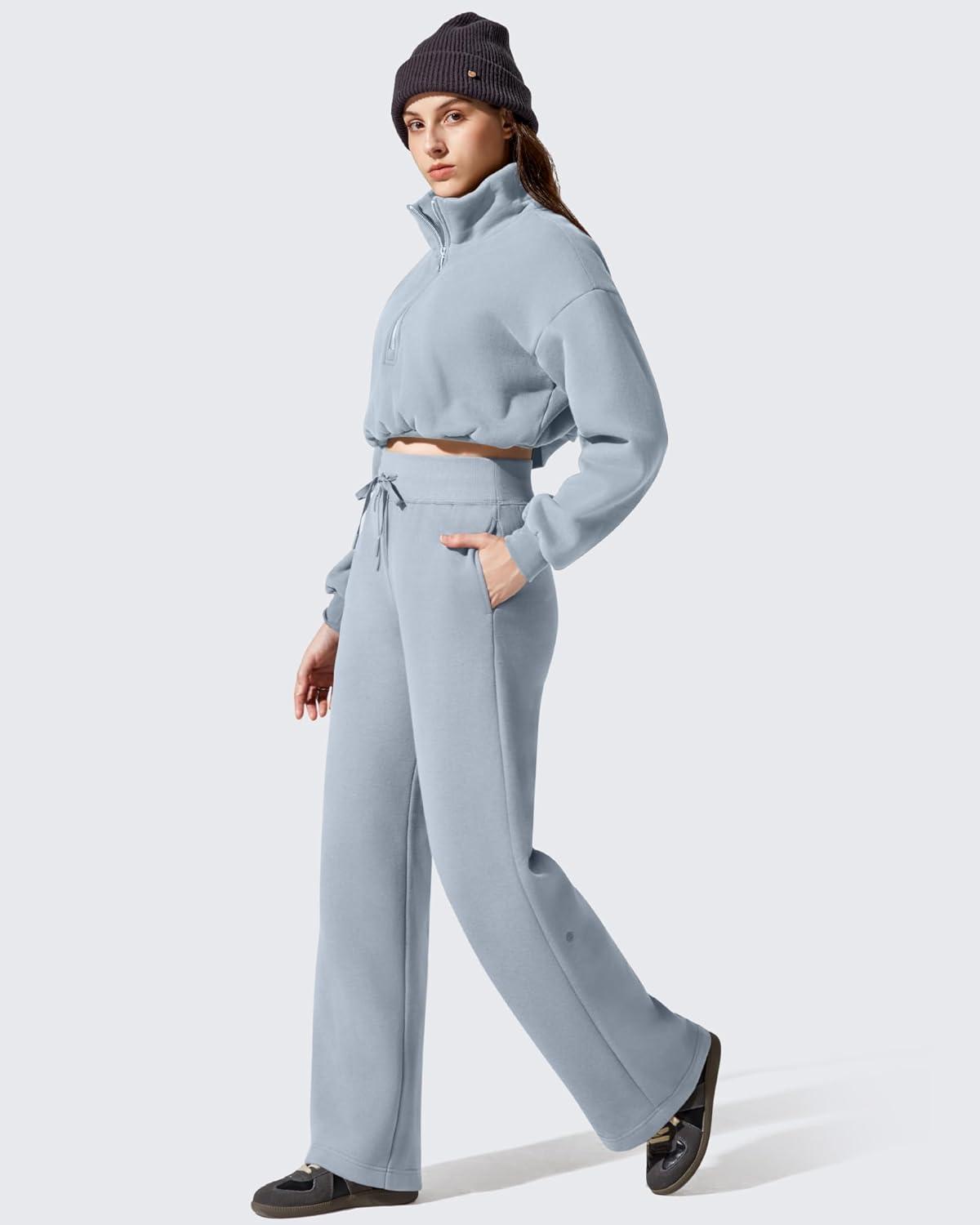 imageG4Free Flurrylux Womens Fleece Lined Wide Leg Sweatpants Drawstring Cotton Warm Lounge PantsCool Gray
