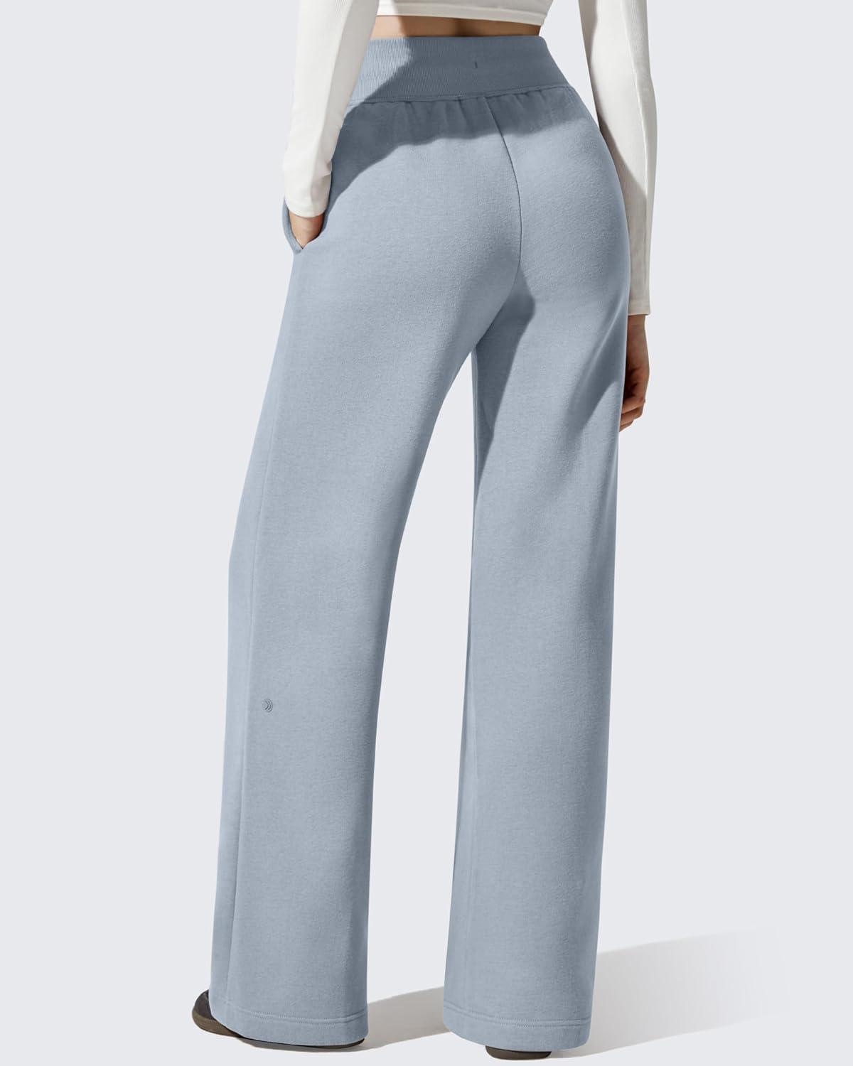 imageG4Free Flurrylux Womens Fleece Lined Wide Leg Sweatpants Drawstring Cotton Warm Lounge PantsCool Gray