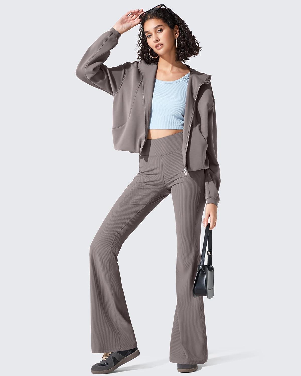 imageG4Free Ribbed Flare Yoga Pants with Pockets for Women High Waisted Bootcut Workout Leggings CasualTaupe