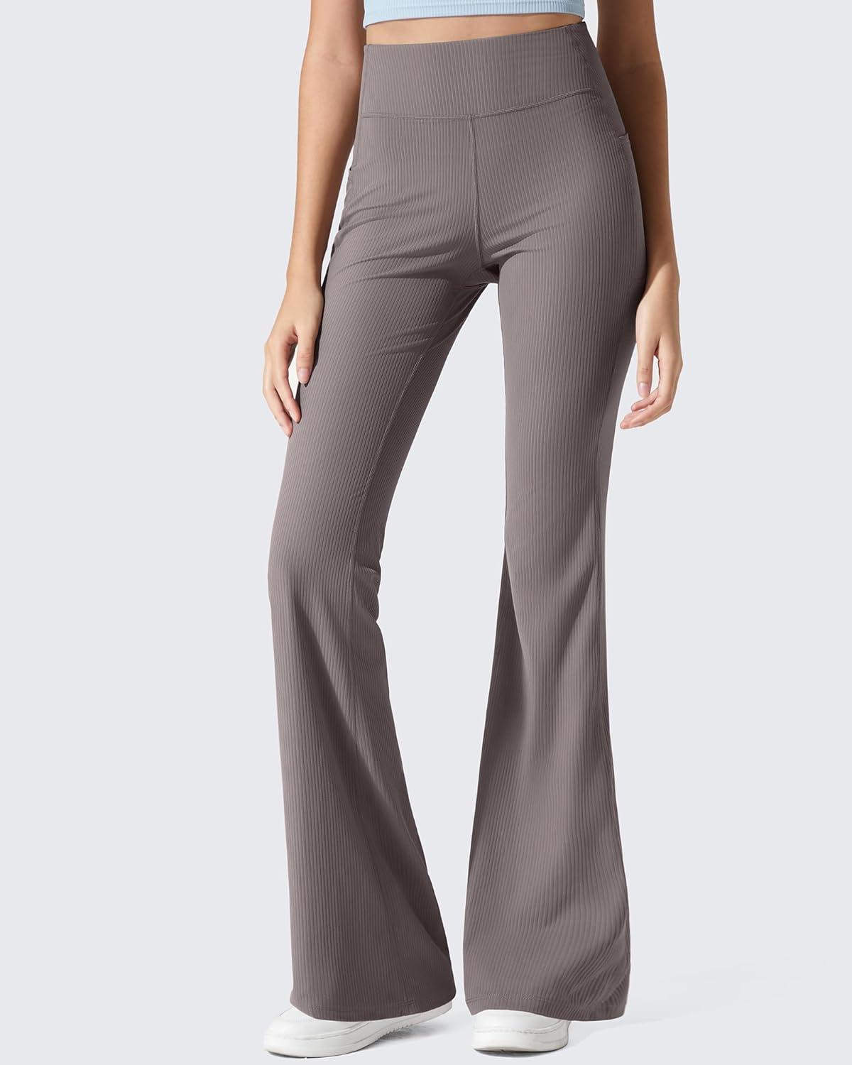 imageG4Free Ribbed Flare Yoga Pants with Pockets for Women High Waisted Bootcut Workout Leggings CasualTaupe