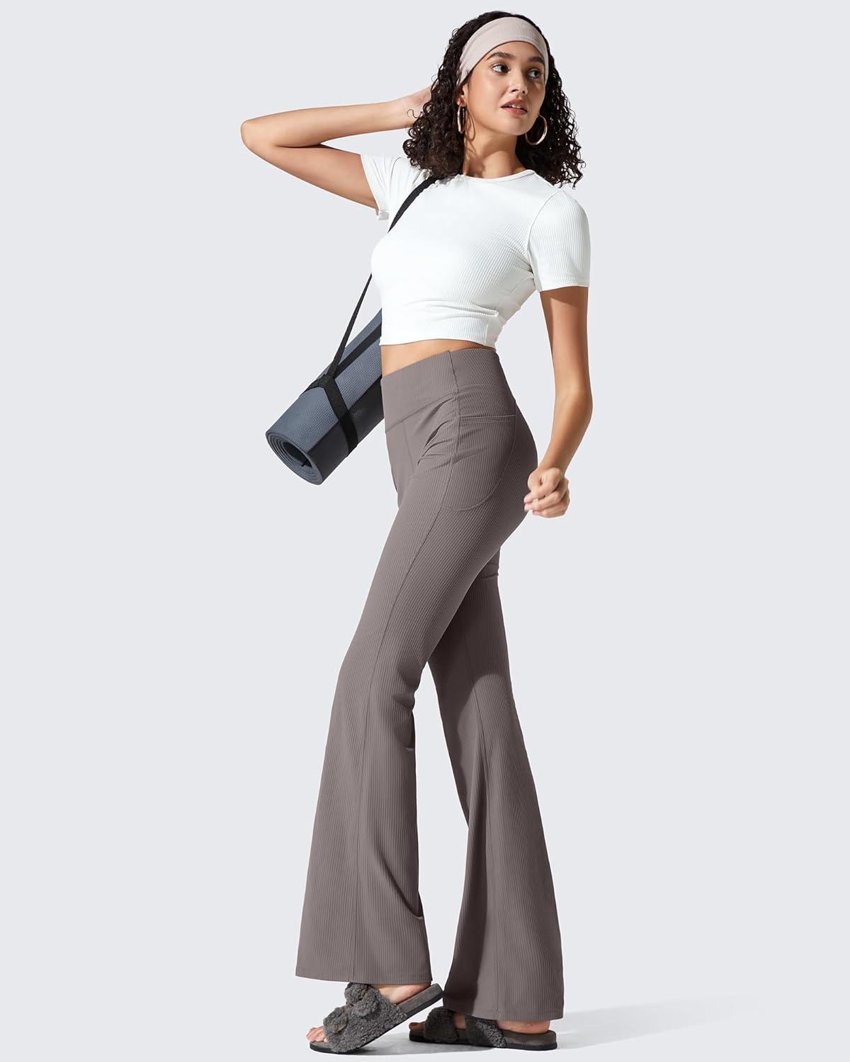 imageG4Free Ribbed Flare Yoga Pants with Pockets for Women High Waisted Bootcut Workout Leggings CasualTaupe