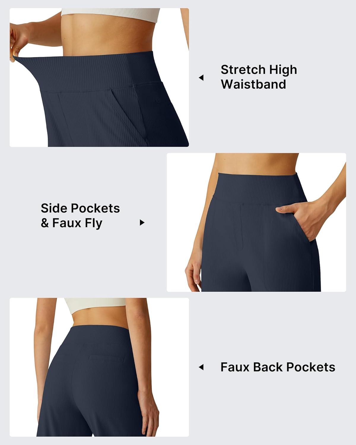 imageG4Free Ribbed Womens 10 Bermuda Shorts Wide Leg with Pockets Yoga Waistband Knee Length for Casual Work and WorkoutDark Navy