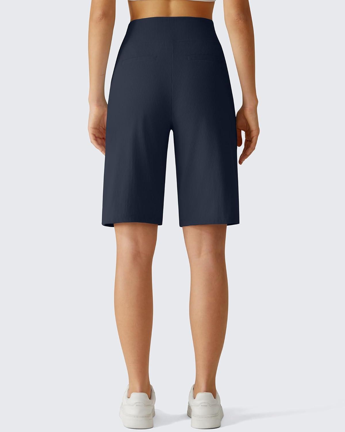 imageG4Free Ribbed Womens 10 Bermuda Shorts Wide Leg with Pockets Yoga Waistband Knee Length for Casual Work and WorkoutDark Navy