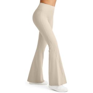 G4Free Ribbed Flare Yoga Pants for Women High Waisted Bell Bottom Leggings Tummy Control Petite/Regular/Tall(Light Khaki)