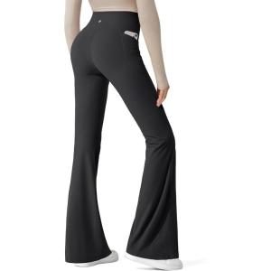 G4Free Ribbed Flare Yoga Pants with Pockets for Women High Waisted Bootcut Workout Leggings Casual(Black)