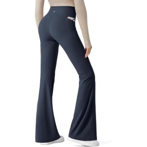 G4Free Ribbed Flare Yoga Pants with Pockets for Women High Waisted Bootcut Workout Leggings Casual(Dark Navy)