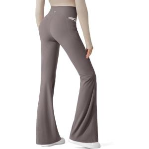 G4Free Ribbed Flare Yoga Pants with Pockets for Women High Waisted Bootcut Workout Leggings Casual(Taupe)