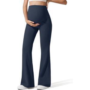G4Free Ribbed Maternity Flare Yoga Pants with Pockets Over The Belly Pregnancy Bell Bottom Leggings(Dark Navy)