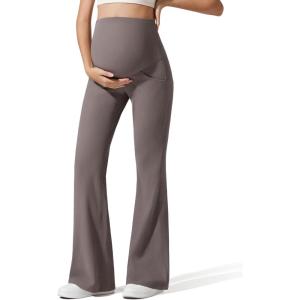 G4Free Ribbed Maternity Flare Yoga Pants with Pockets Over The Belly Pregnancy Bell Bottom Leggings(Taupe)