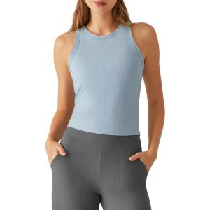 G4Free Ribbed Removable Built in Bra Workout Tank Tops for Women Soft Racerback High Neck Athletic Gym Tanks(Blue Willow)