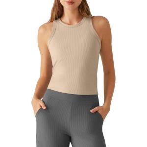 G4Free Ribbed Removable Built in Bra Workout Tank Tops for Women Soft Racerback High Neck Athletic Gym Tanks(Light Khaki)