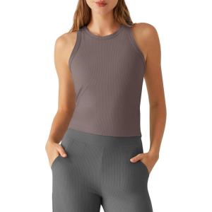 G4Free Ribbed Removable Built in Bra Workout Tank Tops for Women Soft Racerback High Neck Athletic Gym Tanks(Taupe)
