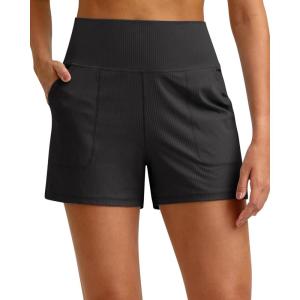 G4Free Ribbed Stretchy Womens Shorts Casual High Waisted Athletic Running Golf Lounge Shorts with Pockets(Black)