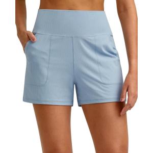G4Free Ribbed Stretchy Womens Shorts Casual High Waisted Athletic Running Golf Lounge Shorts with Pockets(Blue Willow)