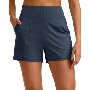 G4Free Ribbed Stretchy Womens Shorts Casual High Waisted Athletic Running Golf Lounge Shorts with Pockets(Dark Navy)