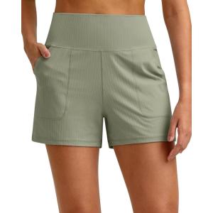 G4Free Ribbed Stretchy Womens Shorts Casual High Waisted Athletic Running Golf Lounge Shorts with Pockets(Gray Olive)