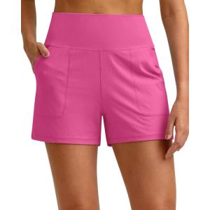 G4Free Ribbed Stretchy Womens Shorts Casual High Waisted Athletic Running Golf Lounge Shorts with Pockets(Hot Pink)