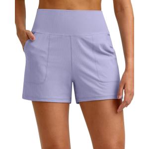 G4Free Ribbed Stretchy Womens Shorts Casual High Waisted Athletic Running Golf Lounge Shorts with Pockets(Lavender)