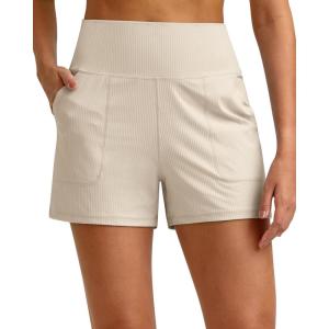 G4Free Ribbed Stretchy Womens Shorts Casual High Waisted Athletic Running Golf Lounge Shorts with Pockets(Light Khaki)