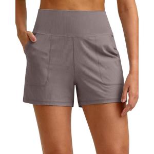 G4Free Ribbed Stretchy Womens Shorts Casual High Waisted Athletic Running Golf Lounge Shorts with Pockets(Taupe)