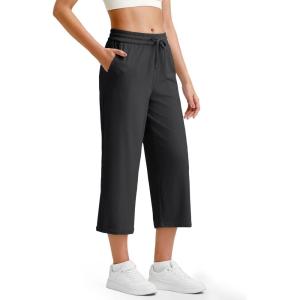 G4Free Ribbed Wide Leg Yoga Pants for Women Drawstring Elastic Waist Loose Casual Capris with Pockets(Black)
