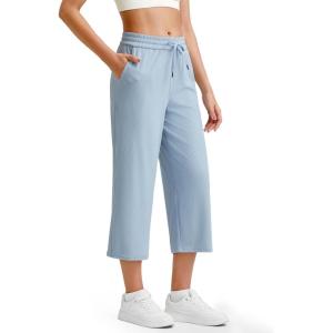 G4Free Ribbed Wide Leg Yoga Pants for Women Drawstring Elastic Waist Loose Casual Capris with Pockets(Blue Willow)