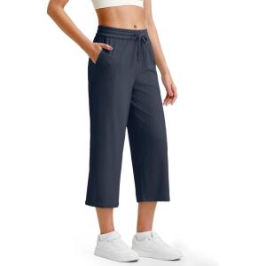 G4Free Ribbed Wide Leg Yoga Pants for Women Drawstring Elastic Waist Loose Casual Capris with Pockets(Dark Navy)