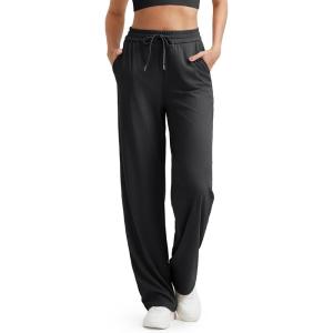 G4Free Ribbed Wide Leg Yoga Pants for Women with Pockets Drawstring High Waist Casual Lounge Pants Petite/Regular/Tall(Black)