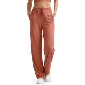 G4Free Ribbed Wide Leg Yoga Pants for Women with Pockets Drawstring High Waist Casual Lounge Pants Petite/Regular/Tall(Burnt Orange)