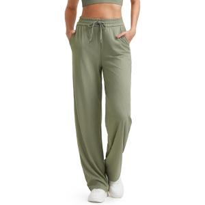 G4Free Ribbed Wide Leg Yoga Pants for Women with Pockets Drawstring High Waist Casual Lounge Pants Petite/Regular/Tall(Gray Olive)