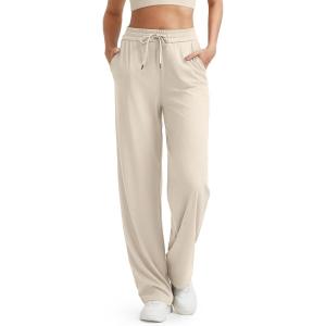 G4Free Ribbed Wide Leg Yoga Pants for Women with Pockets Drawstring High Waist Casual Lounge Pants Petite/Regular/Tall(Light Khaki)