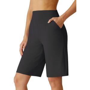 G4Free Ribbed Women’s 10” Bermuda Shorts Wide Leg with Pockets Yoga Waistband Knee Length for Casual Work and Workout(Black)