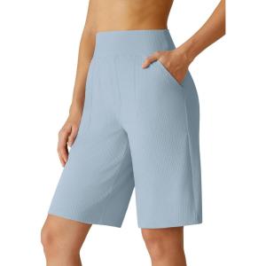 G4Free Ribbed Women’s 10” Bermuda Shorts Wide Leg with Pockets Yoga Waistband Knee Length for Casual Work and Workout(Blue Willow)