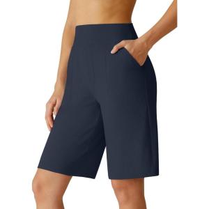 G4Free Ribbed Women’s 10” Bermuda Shorts Wide Leg with Pockets Yoga Waistband Knee Length for Casual Work and Workout(Dark Navy)