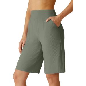 G4Free Ribbed Women’s 10” Bermuda Shorts Wide Leg with Pockets Yoga Waistband Knee Length for Casual Work and Workout(Gray Olive)