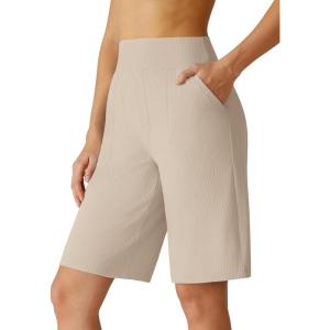 G4Free Ribbed Women’s 10” Bermuda Shorts Wide Leg with Pockets Yoga Waistband Knee Length for Casual Work and Workout(Light Khaki)