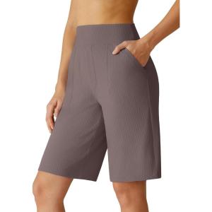 G4Free Ribbed Women’s 10” Bermuda Shorts Wide Leg with Pockets Yoga Waistband Knee Length for Casual Work and Workout(Taupe)