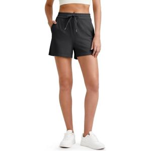 G4Free Ribbed Womens Athletic Shorts High Waisted Drawstring Gym Running Shorts with Pockets(Black)