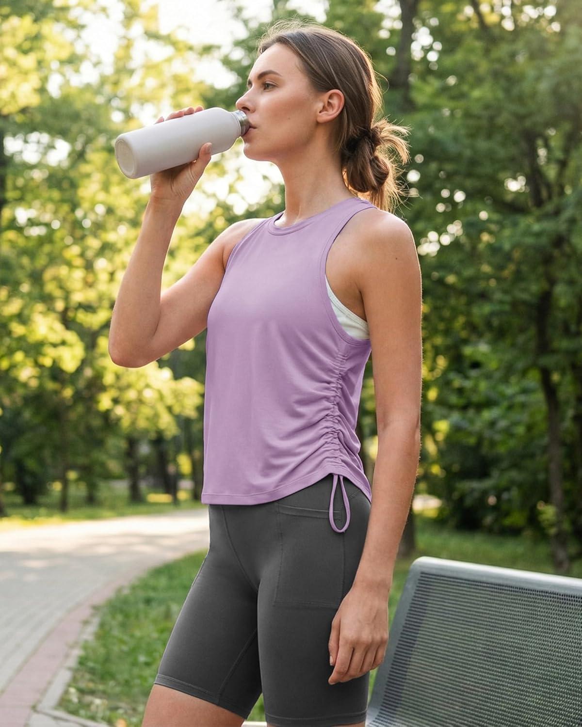 imageG4Free Lyocell Racerback Women Workout Tank Tops Ruch Side High Neck Muscle Tops for Gym Athletic YogaLight Purple