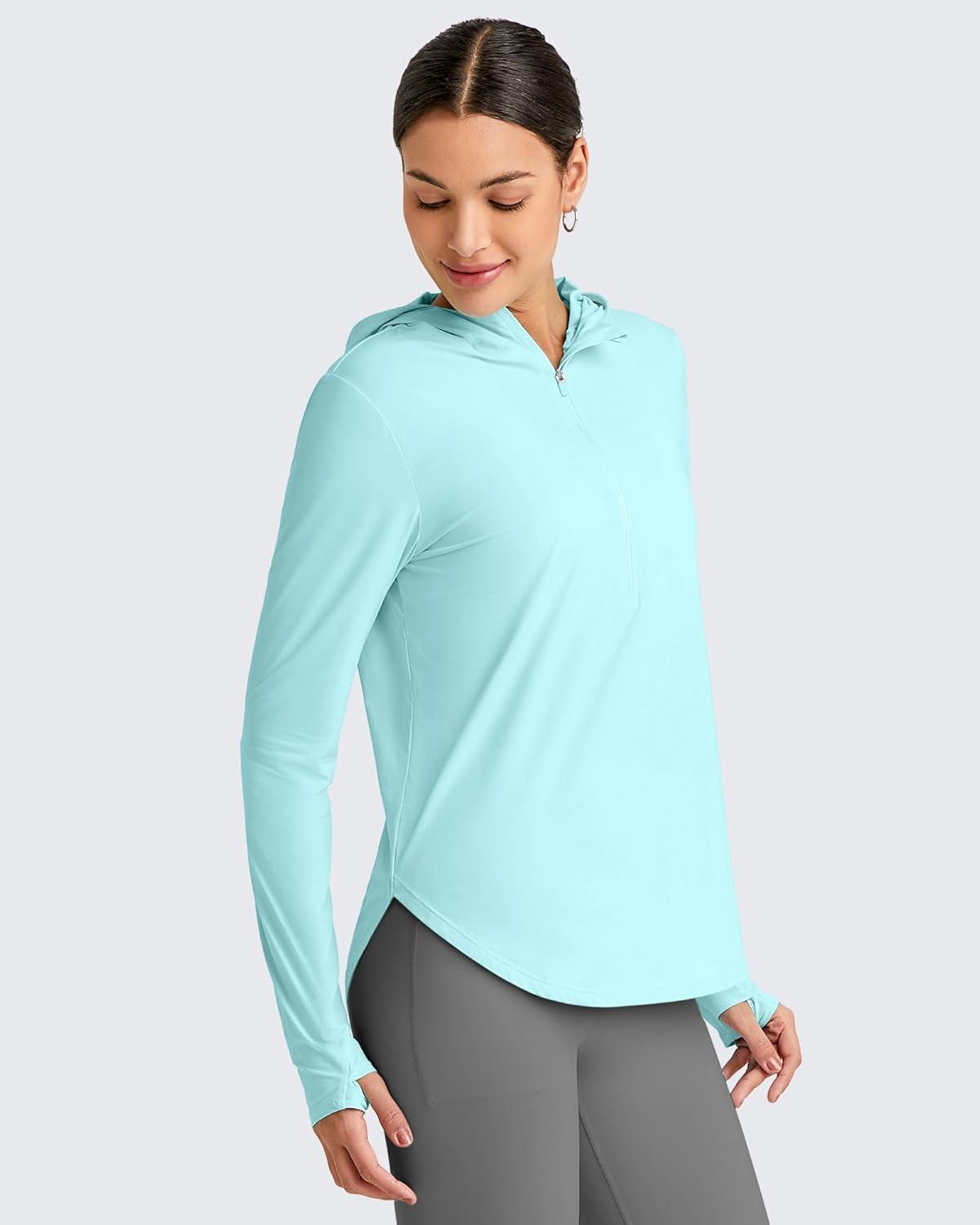 imageG4Free Skimetic Womens UPF 50 Sun Shirts with Hoodie Long Sleeve Workout Tops Half Zip Rash Guard Hiking FishingLight Blue