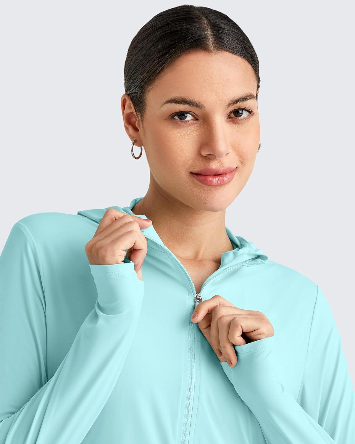imageG4Free Skimetic Womens UPF 50 Sun Shirts with Hoodie Long Sleeve Workout Tops Half Zip Rash Guard Hiking FishingLight Blue