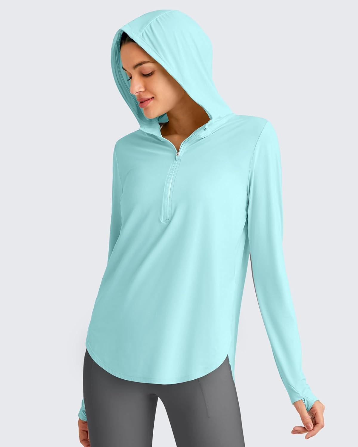 imageG4Free Skimetic Womens UPF 50 Sun Shirts with Hoodie Long Sleeve Workout Tops Half Zip Rash Guard Hiking FishingLight Blue