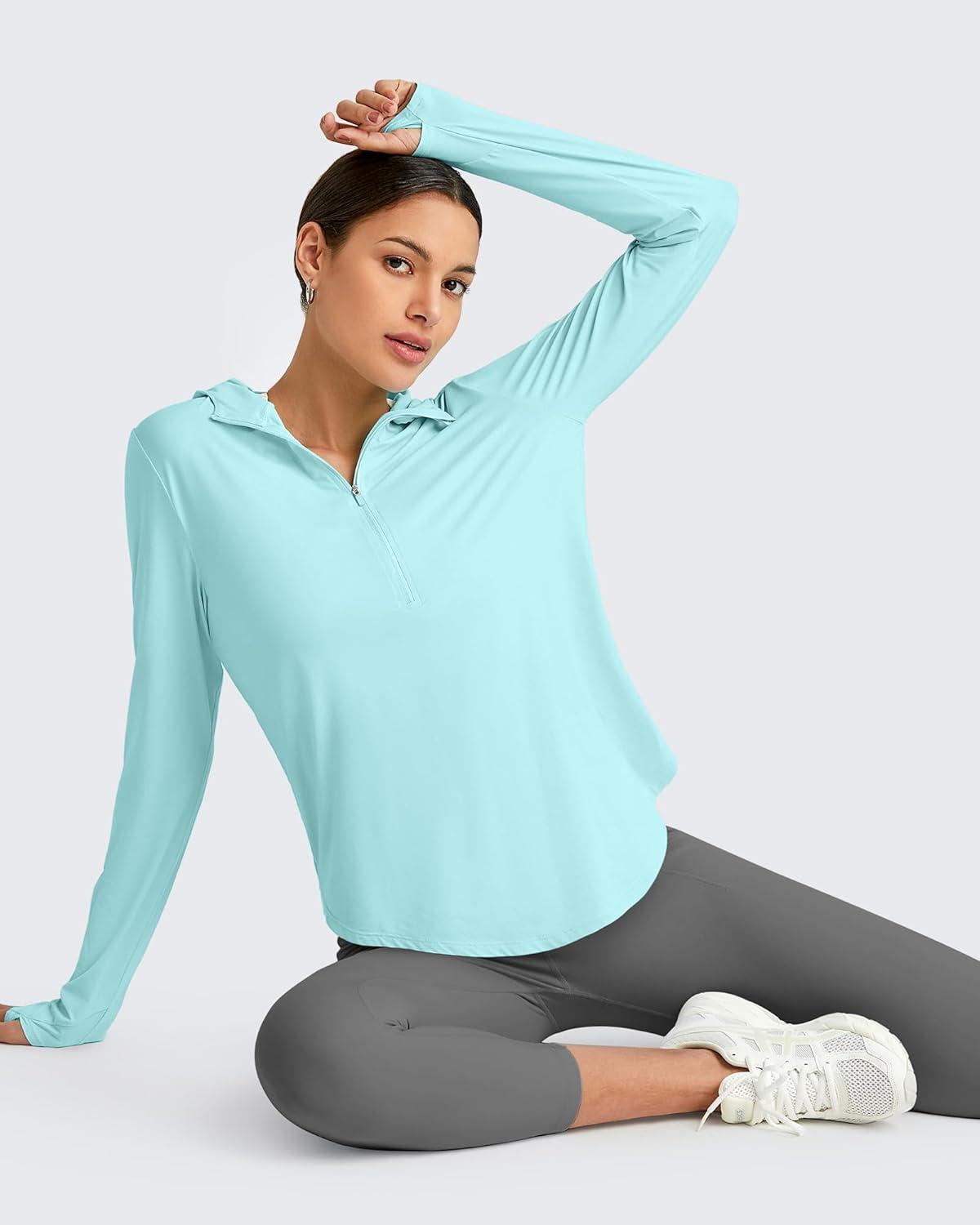 imageG4Free Skimetic Womens UPF 50 Sun Shirts with Hoodie Long Sleeve Workout Tops Half Zip Rash Guard Hiking FishingLight Blue