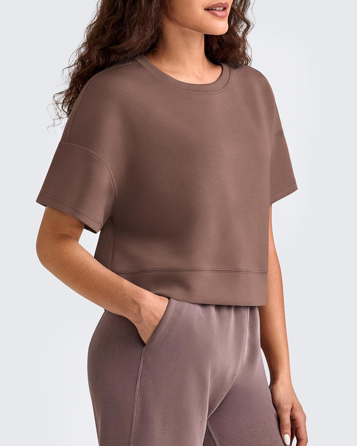imageG4Free Smoofit Modal Soft Boxy Tee Shirts Women Short Sleeve Drop Shoulder Crew Neck Basic Crop Tops Loose Casual LoungeCoffee Brown