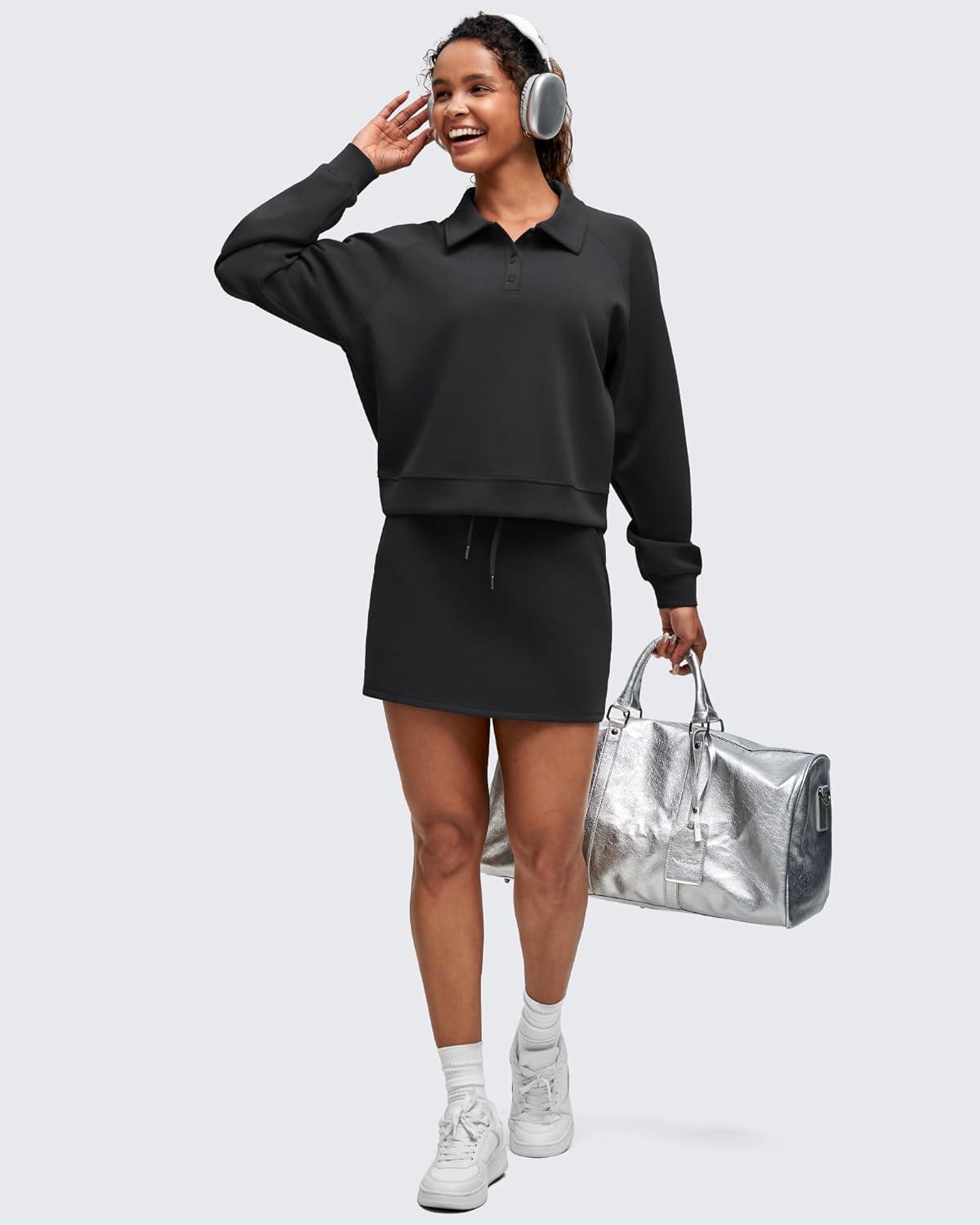 imageG4Free Smoofit Modal Soft Womens Polo Sweatshirts Pullover Long Sleeve Button Up Casual TopsBlack