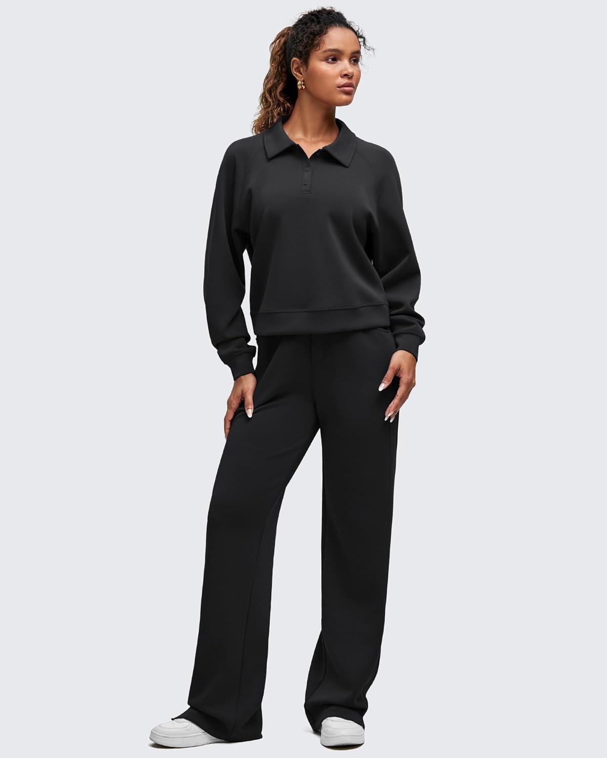 imageG4Free Smoofit Modal Soft Womens Polo Sweatshirts Pullover Long Sleeve Button Up Casual TopsBlack
