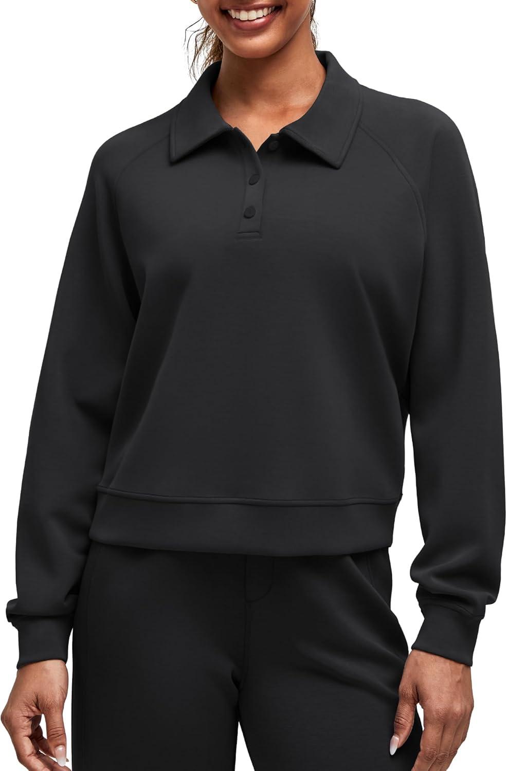 imageG4Free Smoofit Modal Soft Womens Polo Sweatshirts Pullover Long Sleeve Button Up Casual TopsBlack