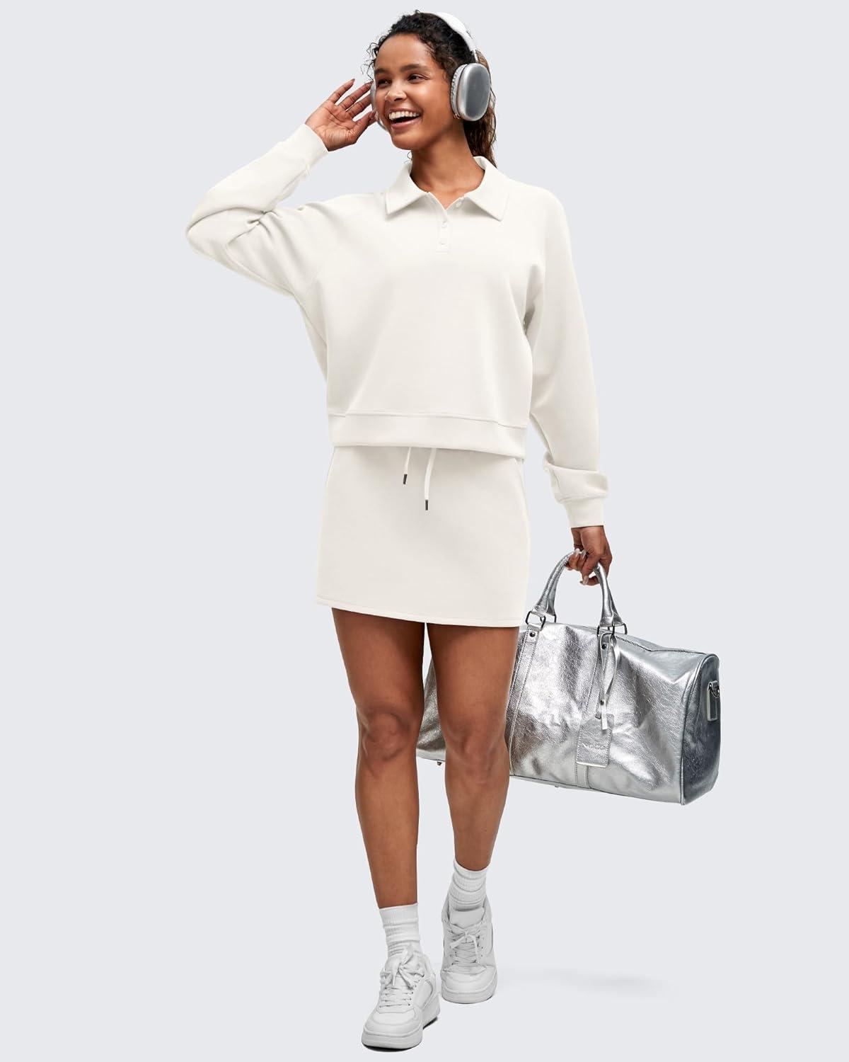 imageG4Free Smoofit Modal Soft Womens Polo Sweatshirts Pullover Long Sleeve Button Up Casual TopsIvory