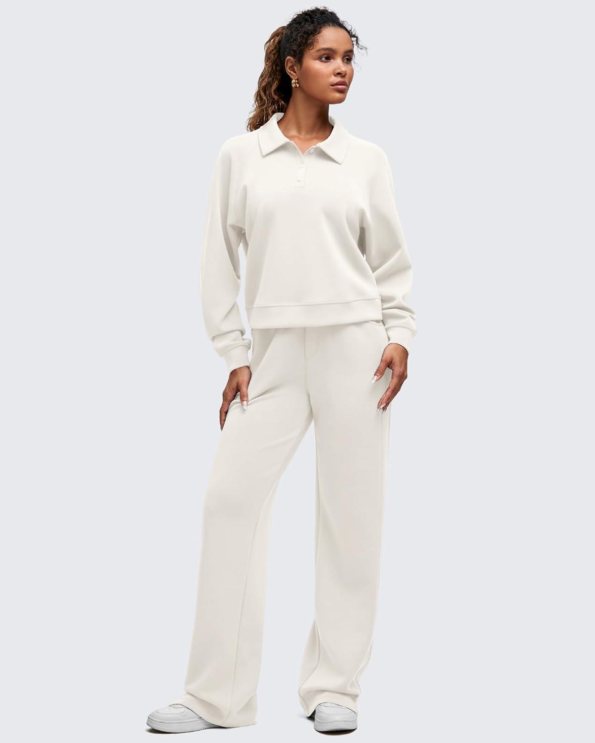imageG4Free Smoofit Modal Soft Womens Polo Sweatshirts Pullover Long Sleeve Button Up Casual TopsIvory